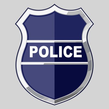Klasik polis kalkanı grafikleri. Yatay gümüş çubukları ve kalın beyaz POLICE metni olan koyu mavi bir merkez paneli var. Görsel etki için son derece stilize edilmiş..