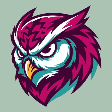 Yoğun odaklı vektör illüstrasyonu, modern bir esport kimlik tasarımı için çarpıcı eflatun, mor ve cyan tonları kullanan keskin özelliklere ve agresif ifadeye sahip stilize edilmiş bir baykuş başı sunar..