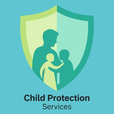 Koruyucu kalkan unsuru altında iki çocuğu kucaklayan bir ebeveyn figürünü gösteren soyut vektör tasarımı, çocuk koruma örgütü markalaşması veya güvenlik savunucu grup kimlikleri için idealdir..