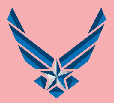 Stylized vector graphic illustration of a bold blue and silver military-style emblem. Features a central five-pointed star with abstract wing elements and geometric shapes, representing honor, aviation, and achievement. Clean modern design.