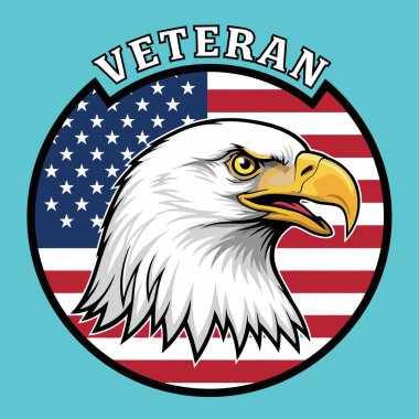 Gururlu, kel bir kartalın kafasının canlı vektör grafiği. Amerikan bayrağı üzerinde 