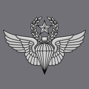 Silver vector graphic illustration of a military paratrooper badge featuring outstretched wings, a central star, and a parachute. Represents airborne qualification, honor, and distinguished service for army or air force personnel.