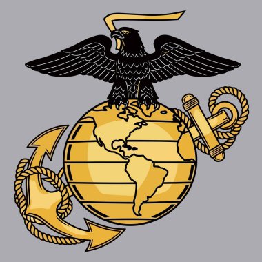 Klasik Deniz Piyadeleri amblemi. İpe sarılmış iki sağlam deniz çapası tarafından çevrelenmiş altın bir küre üzerinde kanatları açık güçlü bir siyah kartal. Bu detaylı vektör tasarımı gücü, küresel varlığı ve askeri onuru temsil ediyor..