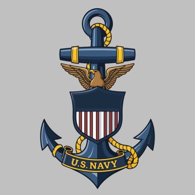 Çarpıcı vektör grafik tasarımı Birleşik Devletler donanma amblemini koyu mavi bir çapa, kırmızı ve beyaz çizgili vatansever bir kalkan ve beyaz arka planda iddialı kel bir kartal ile gösteriyor..