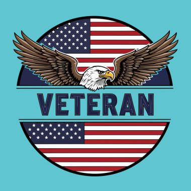 Amerikan bayrağının dairesel kısımlarını kaplayan geniş kahverengi kanatlar arasında gururlu kel bir kartal kafası bulunan çarpıcı vektör çizimi..