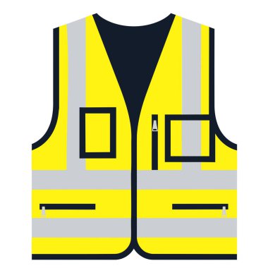 Bu vektör grafiği, güvenlik ve işle ilgili tasarımlar için mükemmel yansıtıcı çizgilere sahip sarı yüksek görüşlü bir güvenlik yeleği gösteriyor..