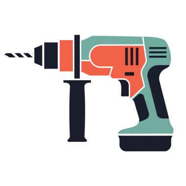 Turuncu ve deniz mavisi aksanlı modern bir matkabın vektör çizimi ve bir matkap ucu çalışıyor.