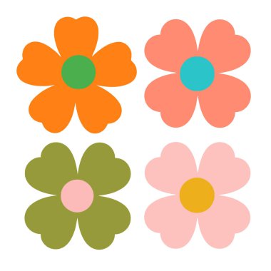 Açık arkaplanda dört basit, kalın, retro-stil çiçek gösteren renkli vektör çizimi.