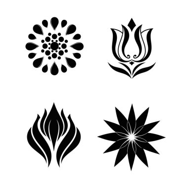 Şekillendirilmiş çiçek ve organik tasarımlar içeren dört zarif siyah vektör grafik çizimleri..