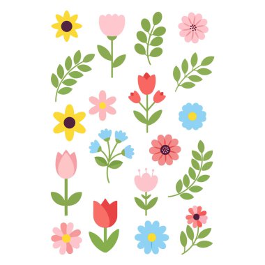 İlkbahar için çeşitli parlak renkli çiçekler ve yeşil yapraklar içeren büyüleyici vektör çizelgesi.