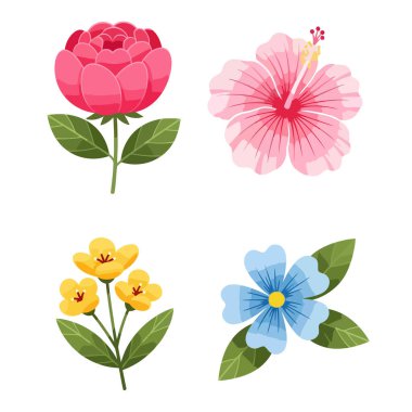 Çeşitli canlı çiçek ve yaprakların güzel bir vektör grafik çizimi, tasarım projeleri için mükemmel.