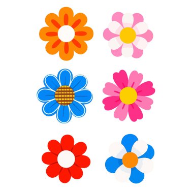 Altı basit, renkli çiçek şeklini içeren bir vektör grafik çizimi.