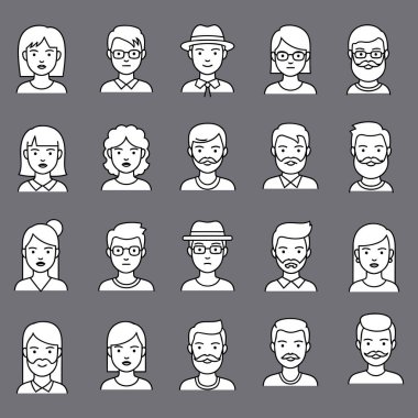 Kullanıcı profilleri için çeşitli minimalist çizgi sanat avatar simgeleri.