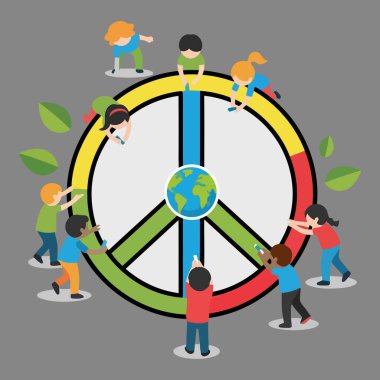 Çeşitli çocuklar küresel uyum için canlı bir barış işareti çiziyor..