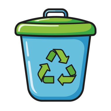 Yeşil kapaklı ve geri dönüşüm sembollü bir geri dönüşüm kutusu çizimi.