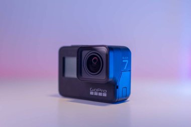 JOHOR BAHRU, MALAYSIA-JULY 2 2021: A close-up shot of GoPro HERO 7 Black with colorful background
