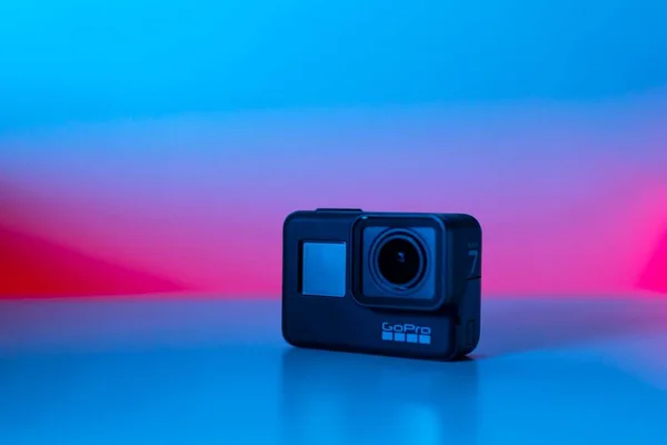 JOHOR BAHRU, MALAYSIA-JULY 2 2021: A close-up shot of GoPro HERO 7 Black with colorful background
