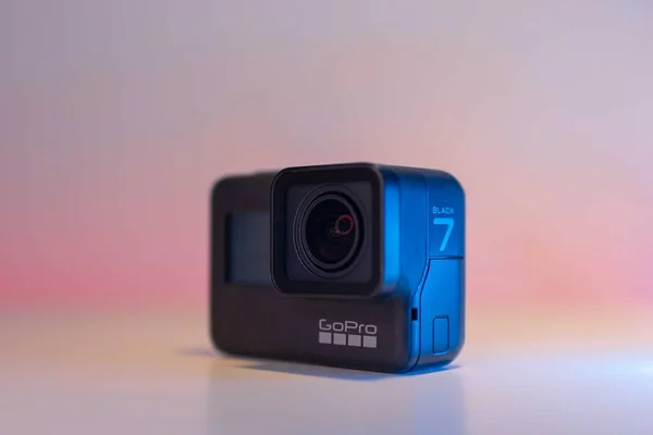 JOHOR BAHRU, MALAYSIA-JULY 2 2021: A close-up shot of GoPro HERO 7 Black with colorful background