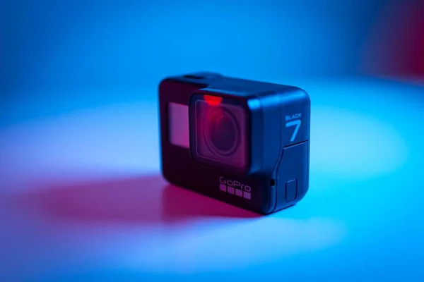 JOHOR BAHRU, MALAYSIA-JULY 2 2021: A close-up shot of GoPro HERO 7 Black with colorful background