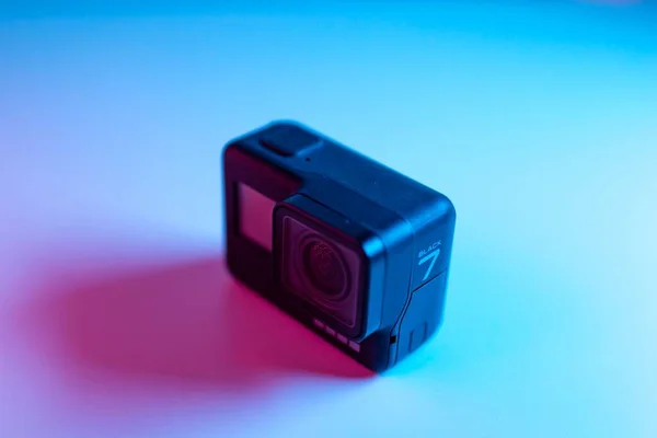 JOHOR BAHRU, MALAYSIA-JULY 2 2021: A close-up shot of GoPro HERO 7 Black with colorful background