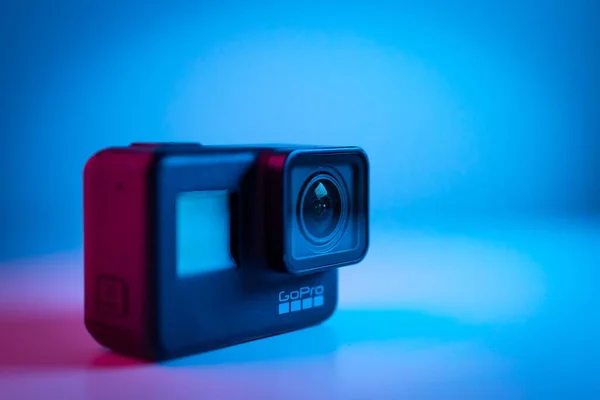 JOHOR BAHRU, MALAYSIA-JULY 2 2021: A close-up shot of GoPro HERO 7 Black with colorful background