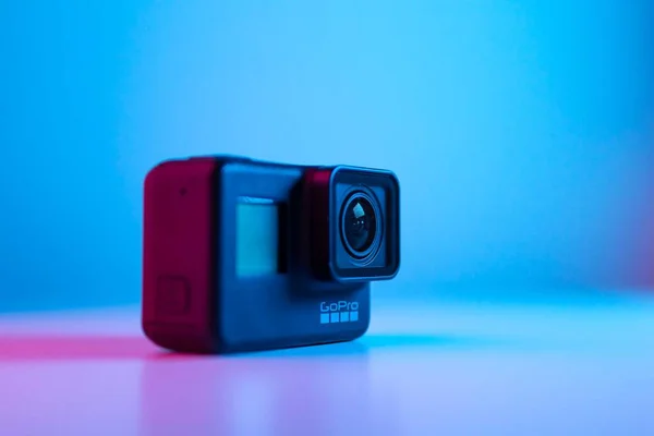 JOHOR BAHRU, MALAYSIA-JULY 2 2021: A close-up shot of GoPro HERO 7 Black with colorful background