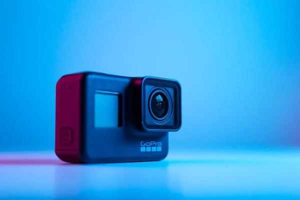 JOHOR BAHRU, MALAYSIA-JULY 2 2021: A close-up shot of GoPro HERO 7 Black with colorful background