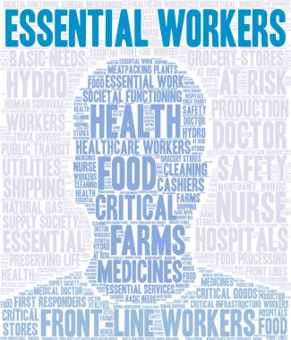 Essential Workers word cloud on a white background.  clipart