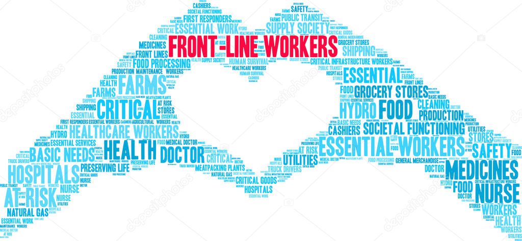 Front Line Workers word cloud on a white background. 