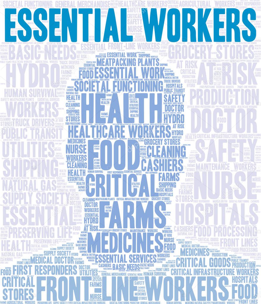 Essential Workers word cloud on a white background. 