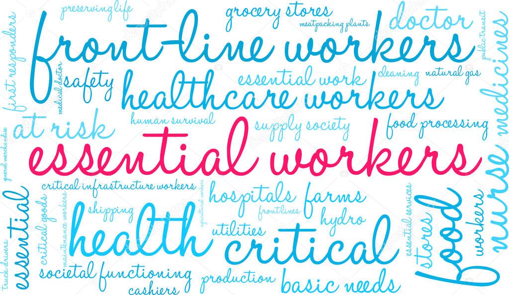 Essential Workers word cloud on a white background. 