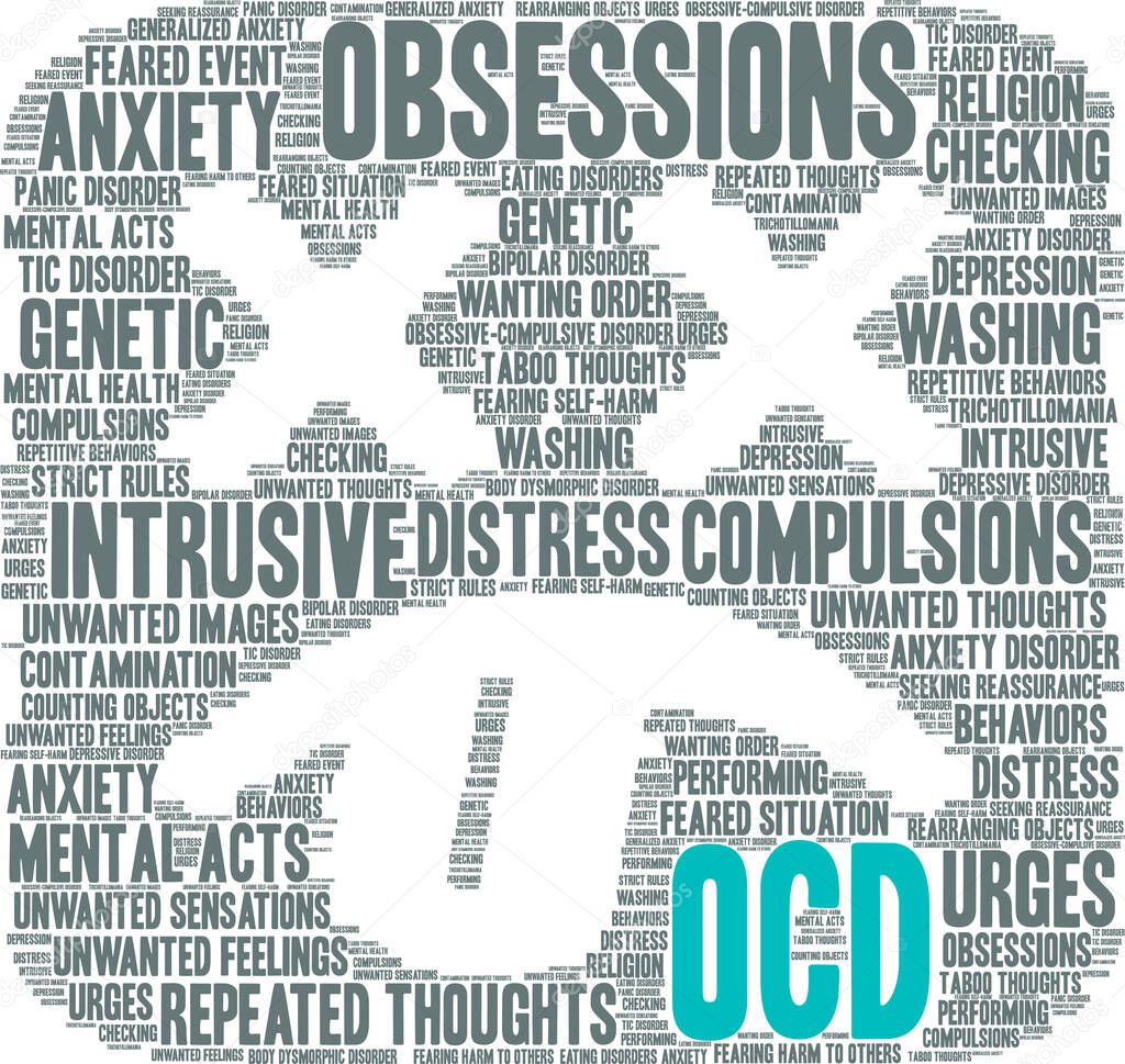 OCD word cloud on a white background. 