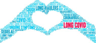 Beyaz arkaplanda uzun COVID kelime bulutu. 