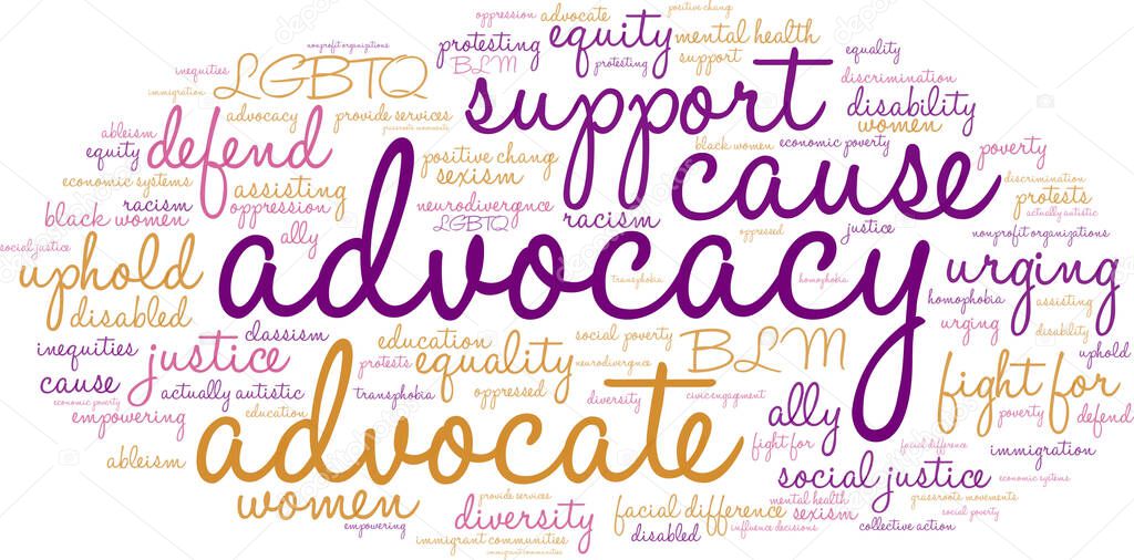 Advocacy word cloud on a white background. 