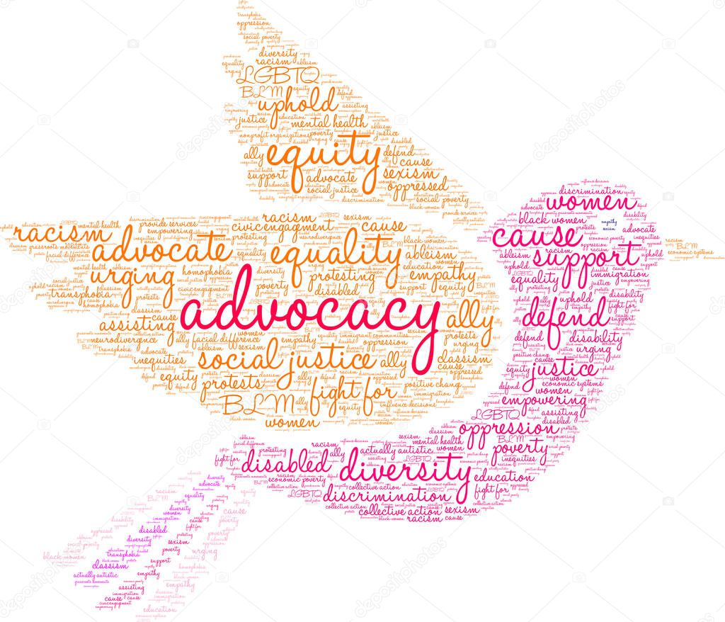 Advocacy word cloud on a white background. 