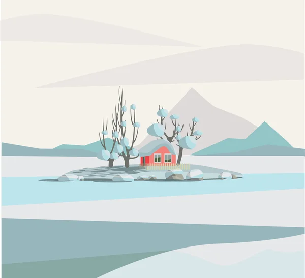 Vintern lake och hus på ön. — Stock vektor