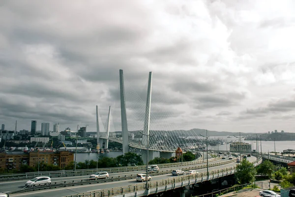 View of Golden bridge under Golden Horn bay in Vladivostok, Russia Far East