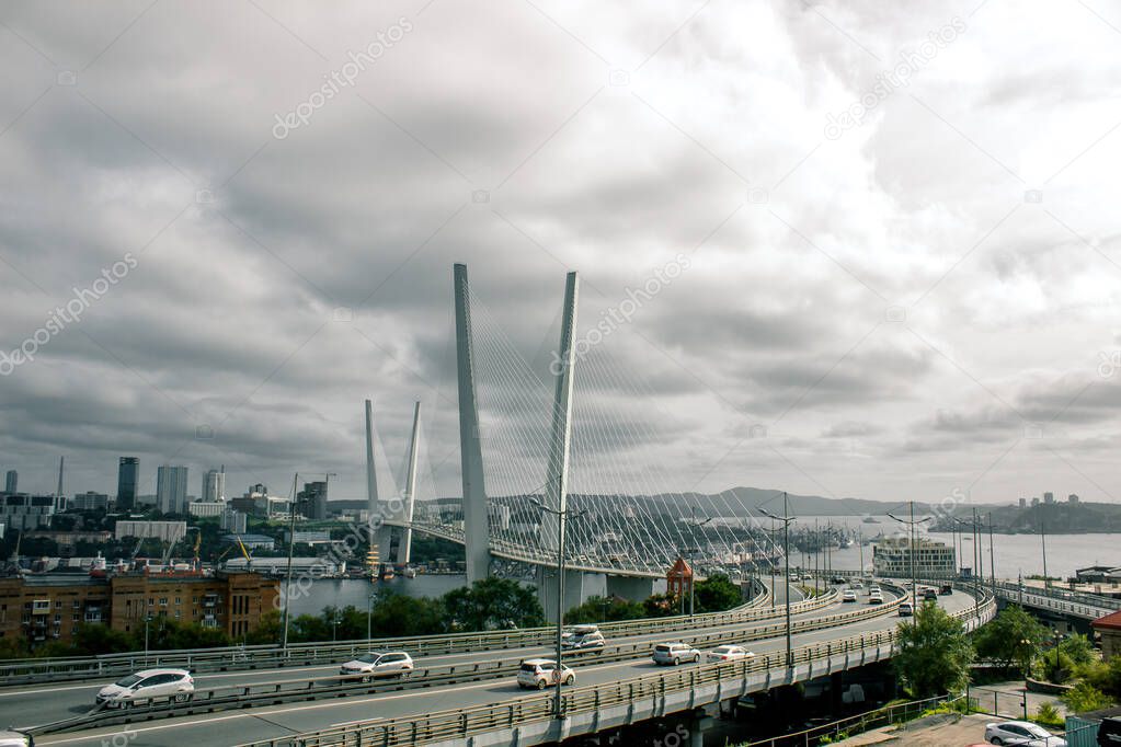 View of Golden bridge under Golden Horn bay in Vladivostok, Russia Far East
