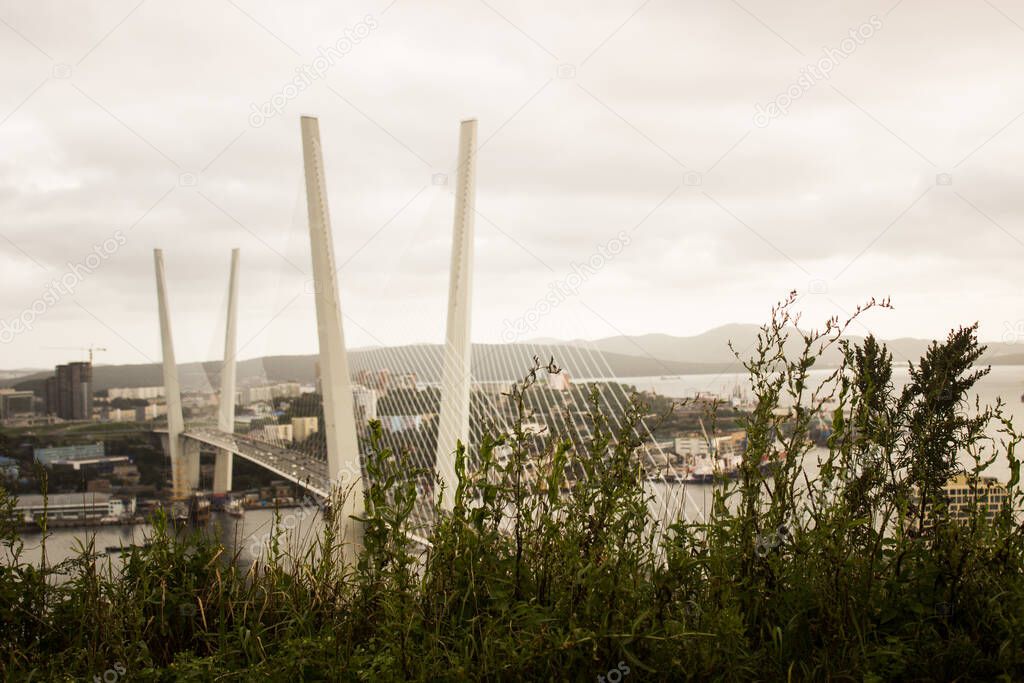 View of Golden bridge under Golden Horn bay in Vladivostok, Russia Far East