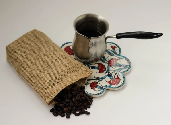 Coffee in linen bag and cezve — Stock Photo, Image