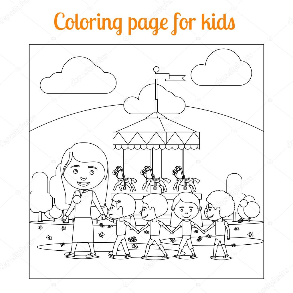 Coloriage enfants parc d attraction — Image vectorielle