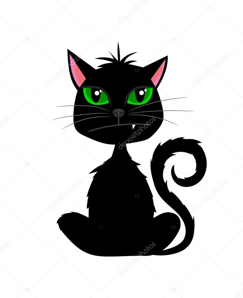 Halloween Black Cat With Fang On White Background Stock