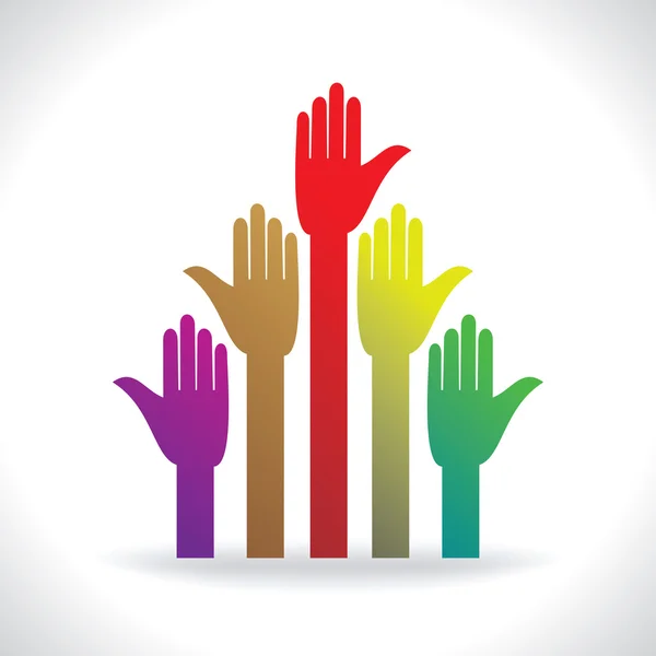 Many stand hands colorful human rights concept — Stock Vector