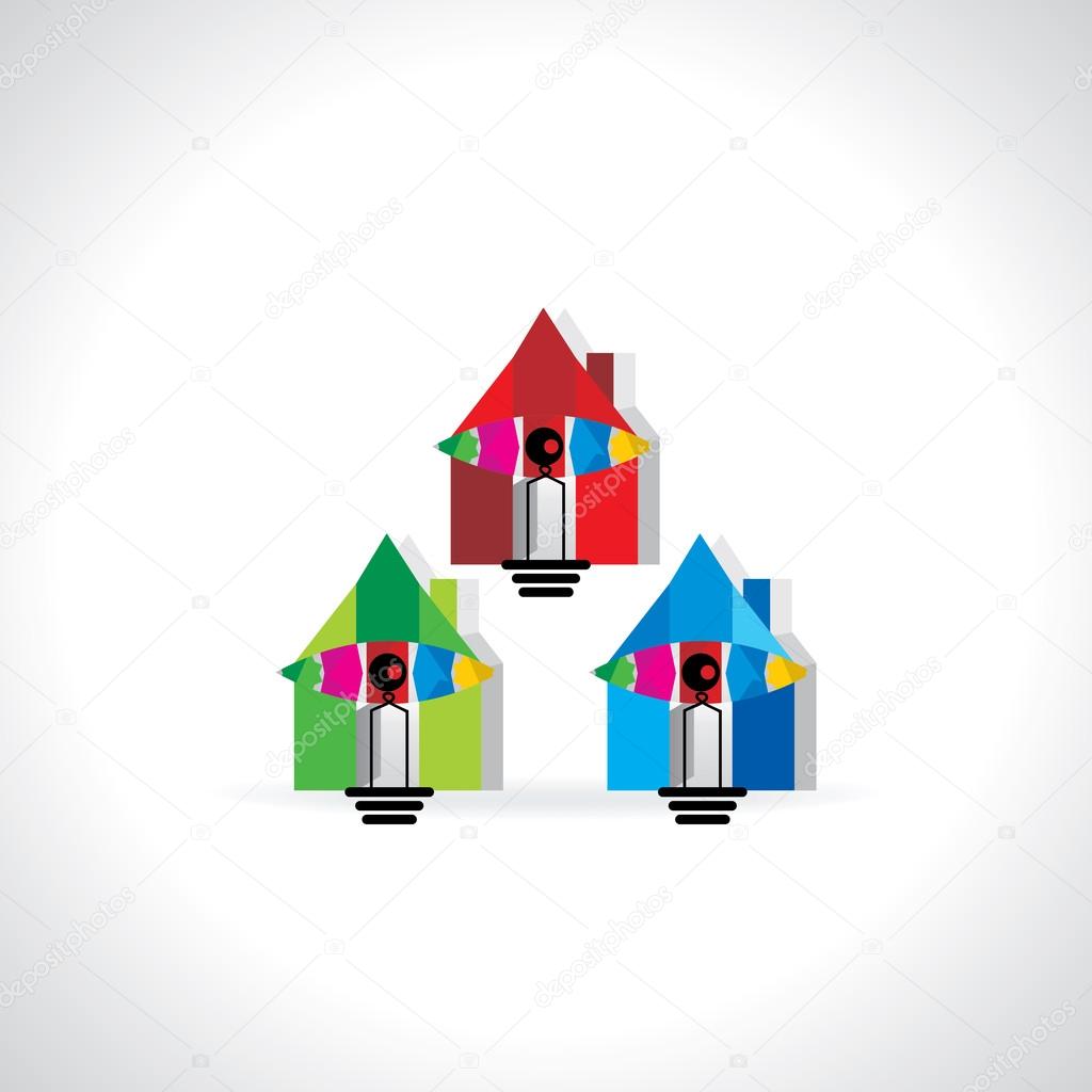 Three colorful house with eye bulb vector