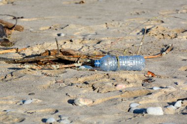 Plastik su şişesi kumsalda.