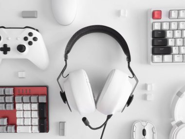 oyun alanı konsepti, üst görünüm oyun teçhizatı, fare, klavye, joystick ve kulaklık.