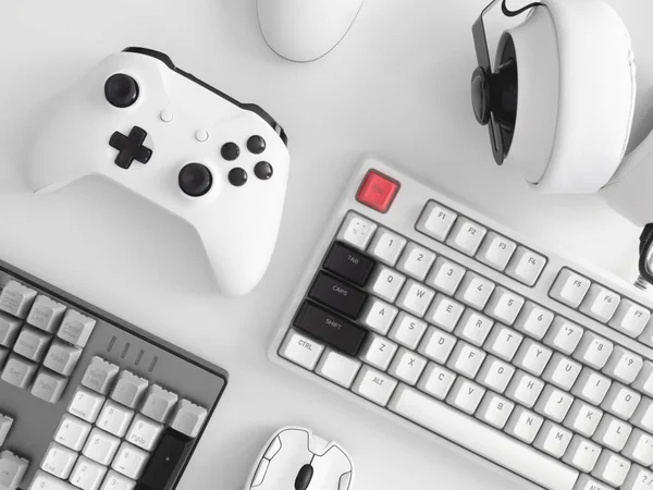oyun alanı konsepti, üst görünüm oyun teçhizatı, fare, klavye, joystick ve kulaklık.