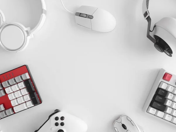oyun alanı konsepti, üst görünüm oyun teçhizatı, fare, klavye, joystick ve kulaklık.