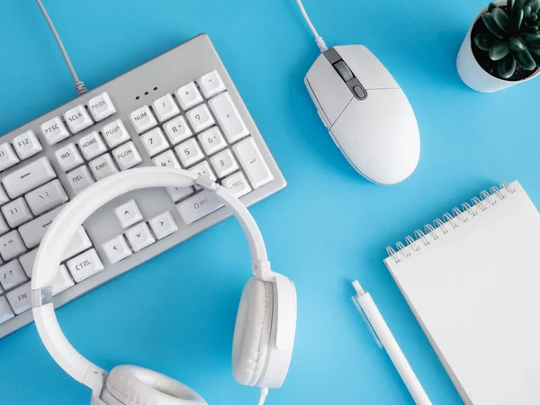Not defteri, plastik fabrikası, akıllı telefonu ve klavyesi olan ofis masasının üst görünümü mavi masa arkaplanı, grafik tasarımcısı, yaratıcı tasarımcı konsepti.