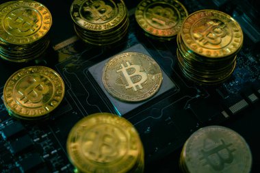 Bitcoin sembollü altın paralarla kripto para kavramı